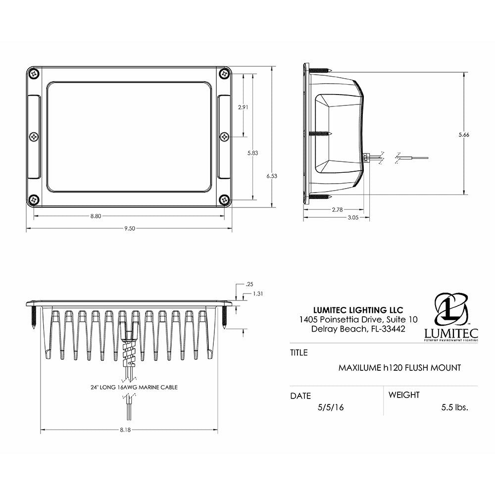 Lumitec Maxillume h120 Flush Mount Flood Light White Housing White Dimming 101348