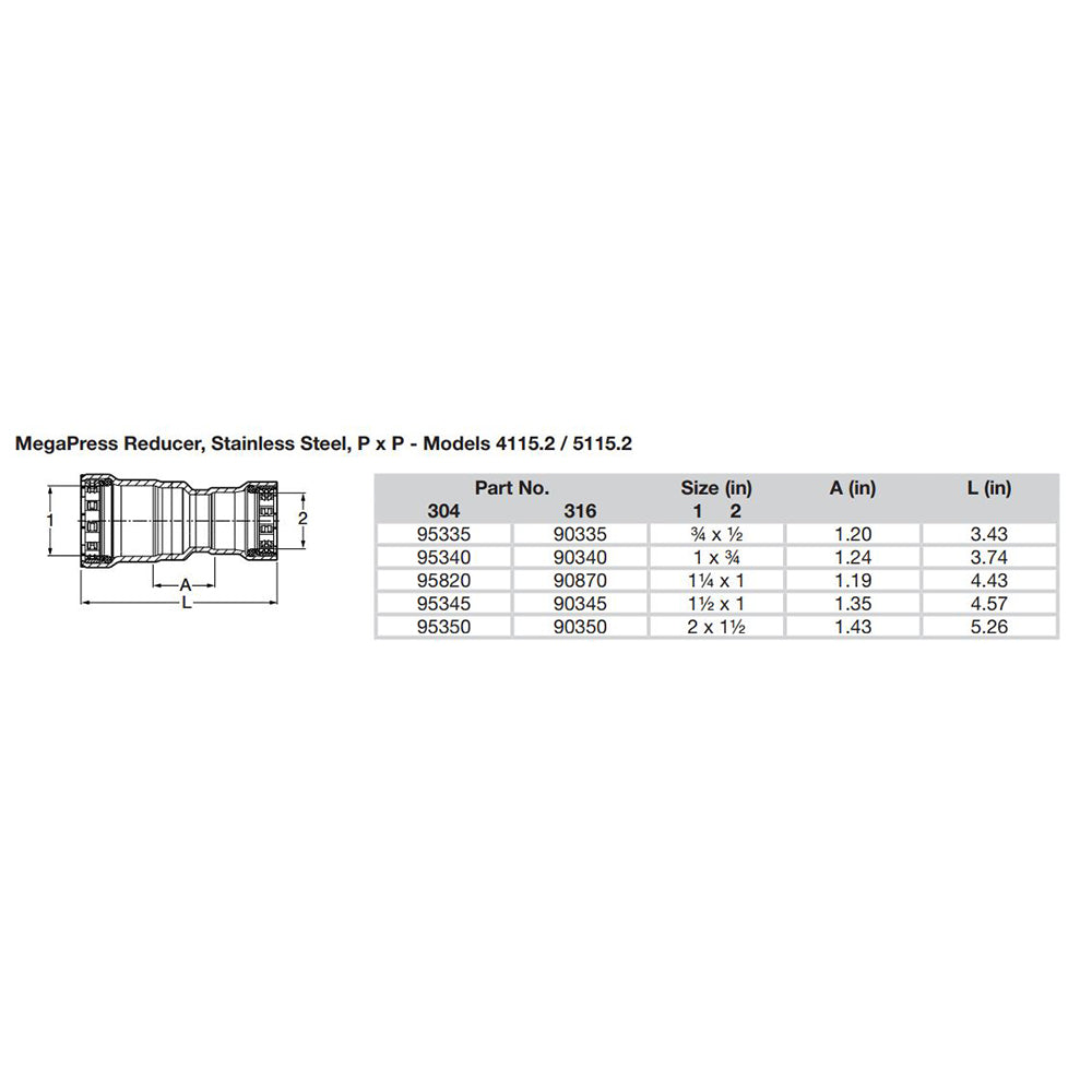 Viega MegaPress 34 x 12 Stainless Steel 304 Reducer Double Press Connection Smart Connect Technology 95335