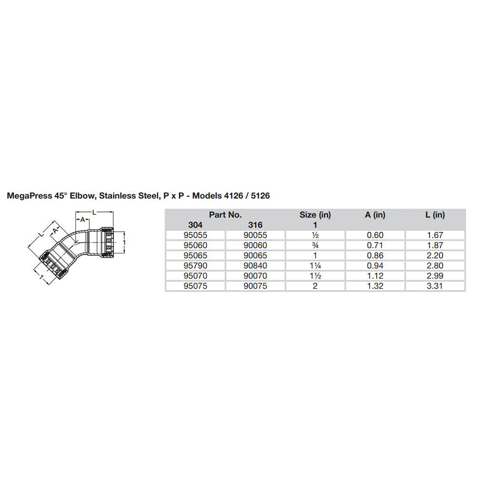 Viega MegaPress 34 45 Stainless Steel 304 Elbow  Double Press Connection  Smart Connect Technology 95060