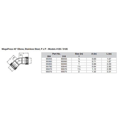 Viega MegaPress 34 45 Stainless Steel 304 Elbow  Double Press Connection  Smart Connect Technology 95060
