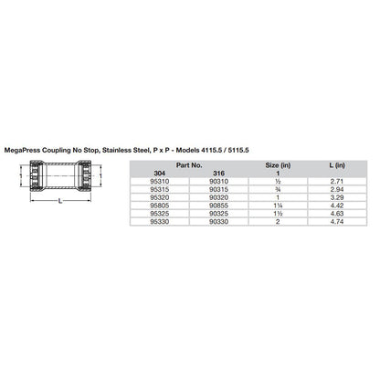 Viega MegaPress 34 Stainless Steel 304 Coupling wo Stop  Double Press Connection  Smart Connect Technology 95315